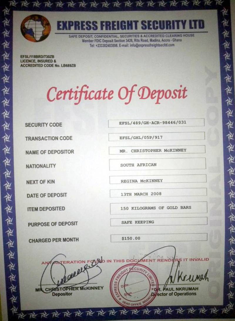 Express Freight Security Company in Ghana, the fake "Certificate of Deposit"
