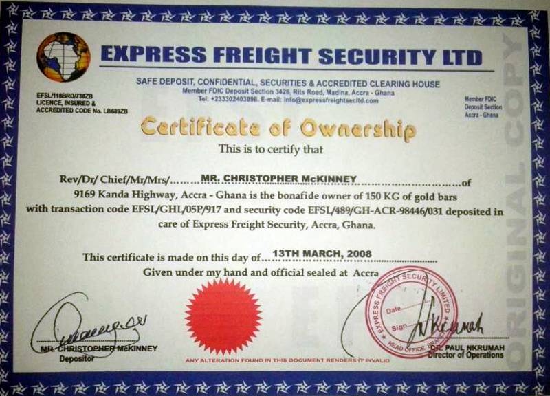 Express Freight Security LTD - The Fake Certificate of Ownership